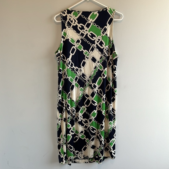 TORY BURCH BLUE WHITE GREEN NAVY CHAIN LINKS PRINT SLEEVELES SILK DRESS Size L - Picture 4 of 5